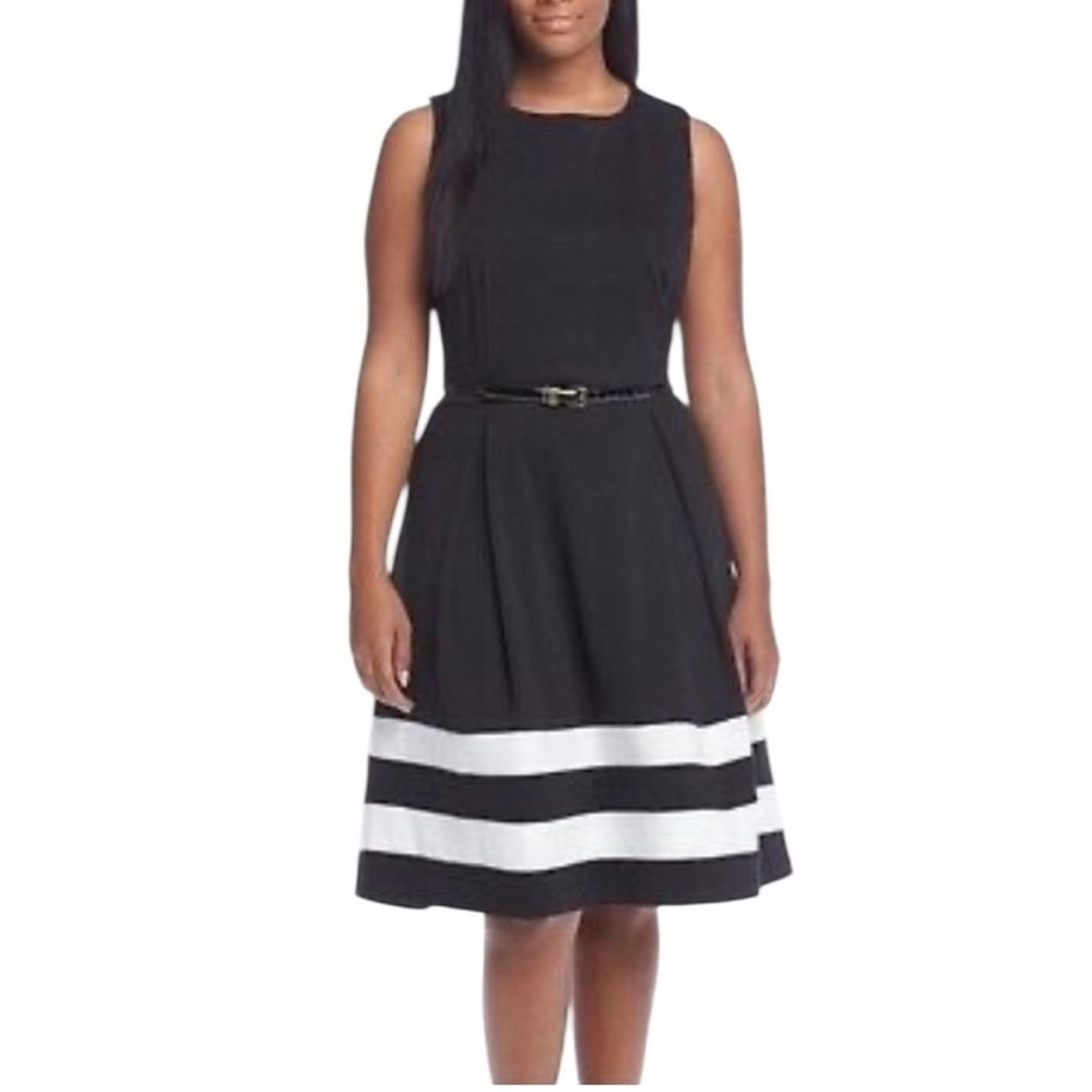 Calvin Klein Black and White Belted Dress
